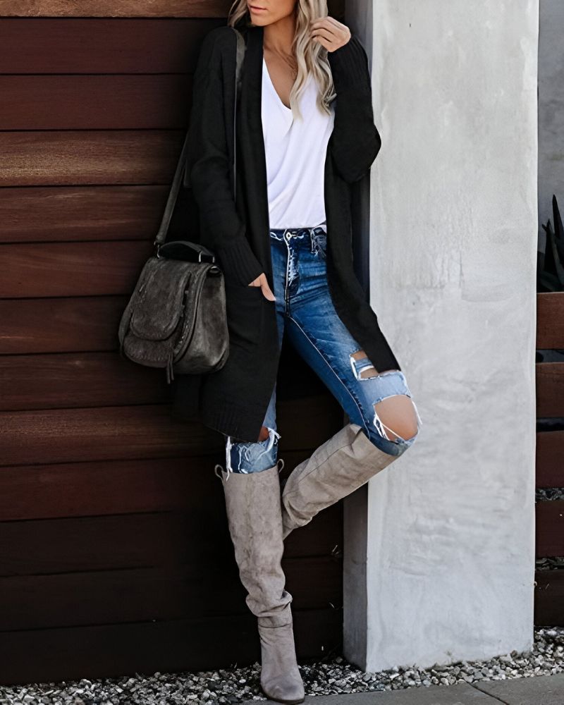 BELIA - Casual Knit Pocketed Cardigan